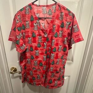 Meowy Christmas Cat Print Scrub Top